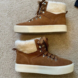 Marc‎ Fisher Darlen Brown Tan Leather Sherpa Casual Winter Lace Ankle Boots